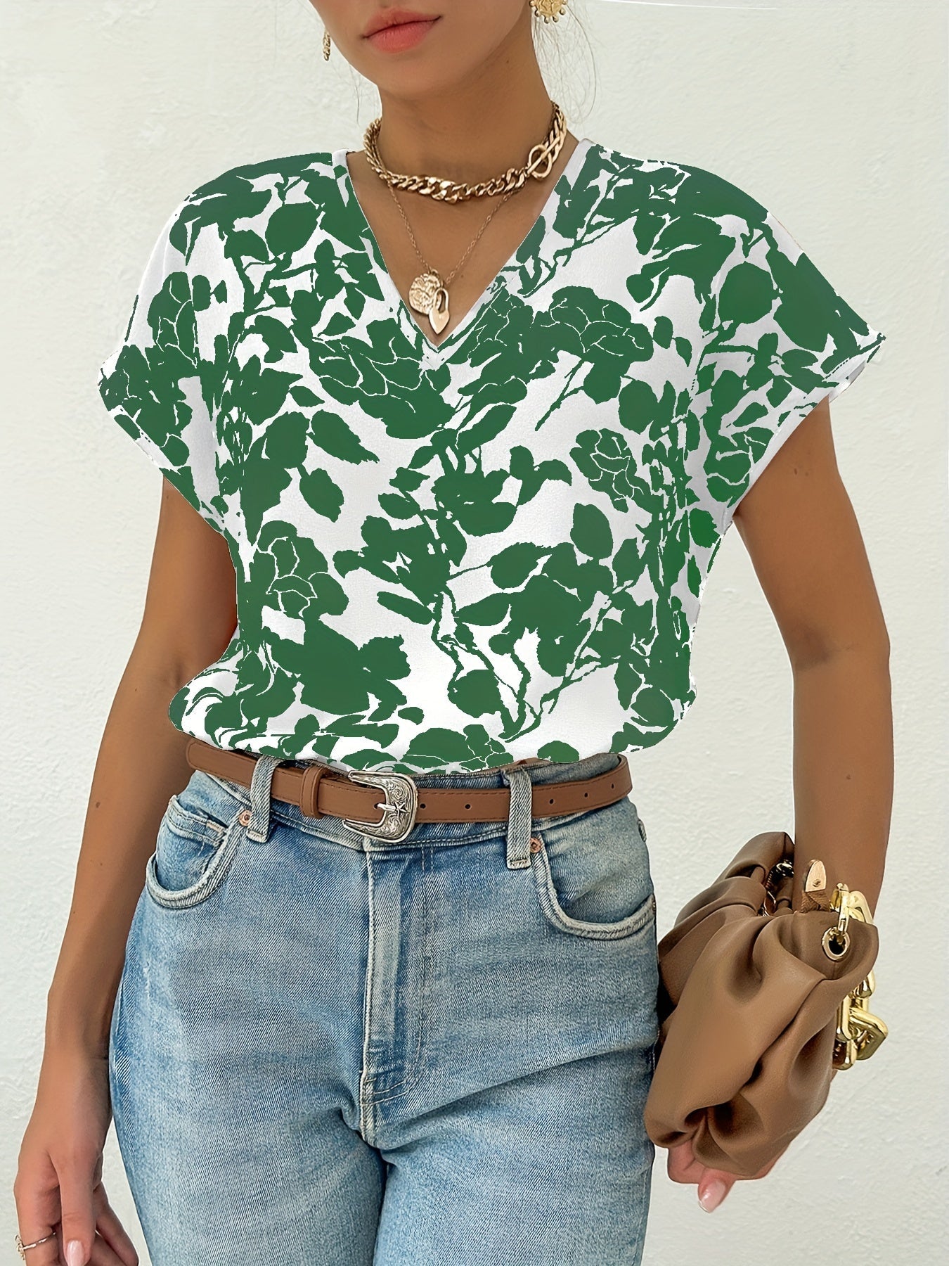 Damen Elegant Blusenshirt mit Blumenmuster und V-Ausschnitt – Perfekt für Büro & Freizeit