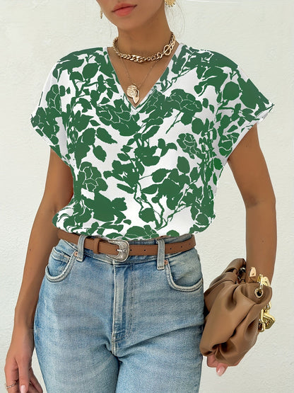Damen Elegant Blusenshirt mit Blumenmuster und V-Ausschnitt – Perfekt für Büro & Freizeit