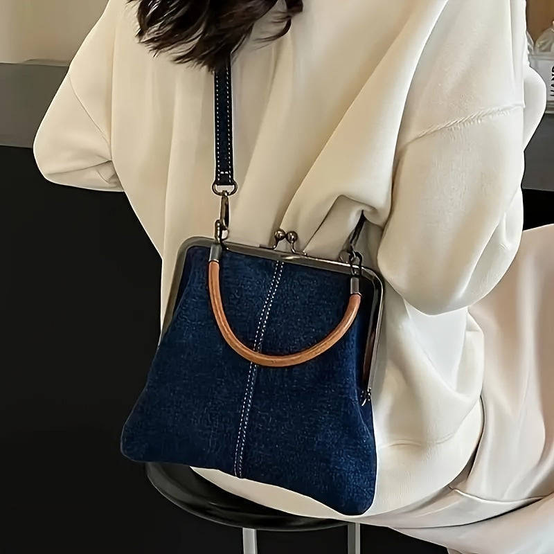 Damen Vintage-Jeanshandtasche mit Holzgriff und Kussverschluss – Modische Umhängetasche für Alltag und Freizeit