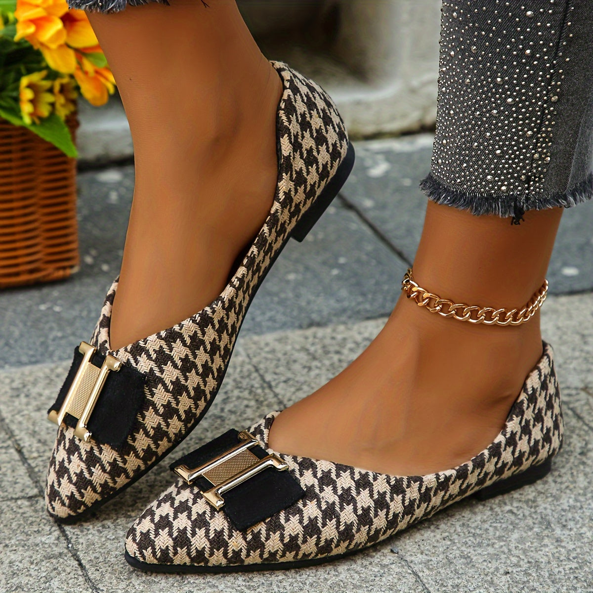 Damen Ballerinas mit Hahnentritt-Muster und Schleifendetail – Elegante Flats für Alltag und Büro