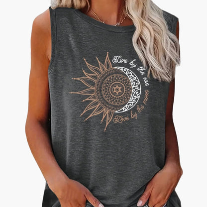 Damen Tanktop mit Boho Sonne-Mond Print – Lässiges Sommer-Shirt im Ethno-Stil