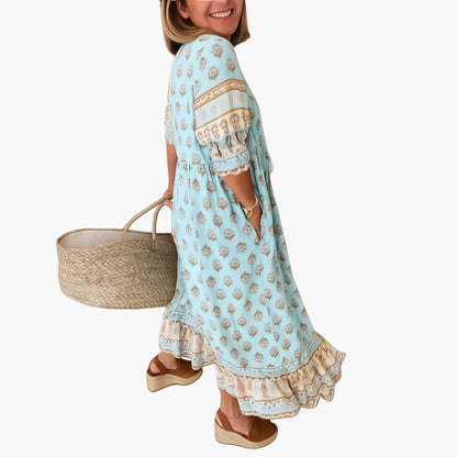 Damen Boho Midi Kleid mit Print und Quasten, Sommer Freizeitkleid, Lockerer Schnitt