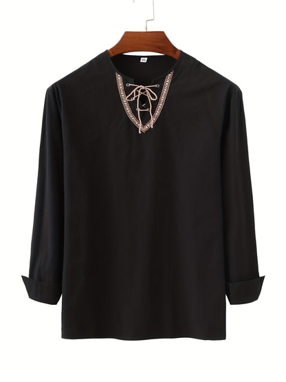 Herren Vintage Tunika mit Schnürung und geometrischer Stickerei – Freizeit & Alltag