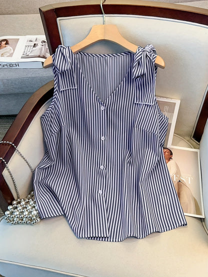 Damen Elegante Ärmellose Bluse mit Streifen und Knopfleiste – Sommer Business Freizeithemd