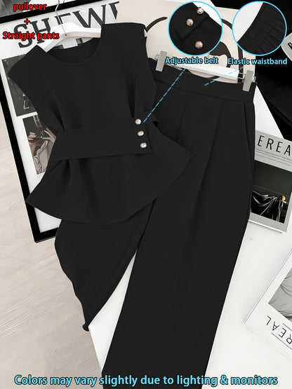 Damen Zweiteiler Set Elegant – Pullover mit Gürtel & Gerade Hose, Modernes Business Outfit