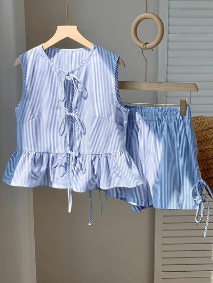 Damen Zweiteiliges Set mit Streifen, Schleifen und Volant – Elegantes Sommer Outfit