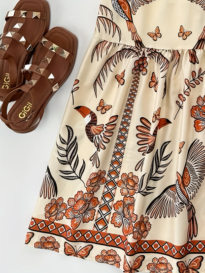Damen Maxikleid Boho-Style mit tropischem Print und V-Ausschnitt – Perfekt für Urlaub und Sommerfeste