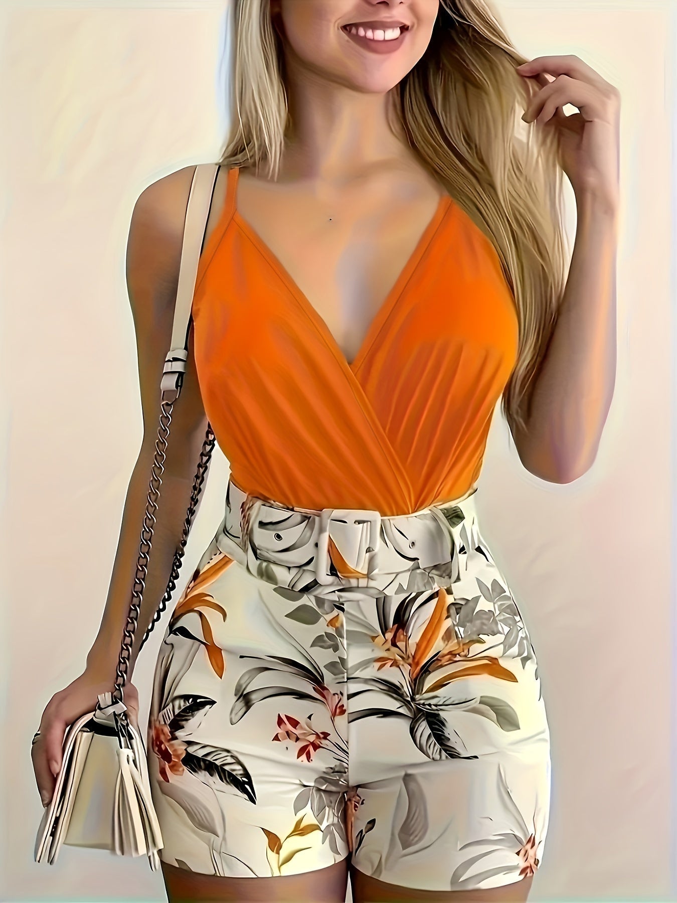 Damen Sommer-Outfit mit Wickel-Top und High-Waist Shorts – Eleganter Freizeitstil für den Alltag