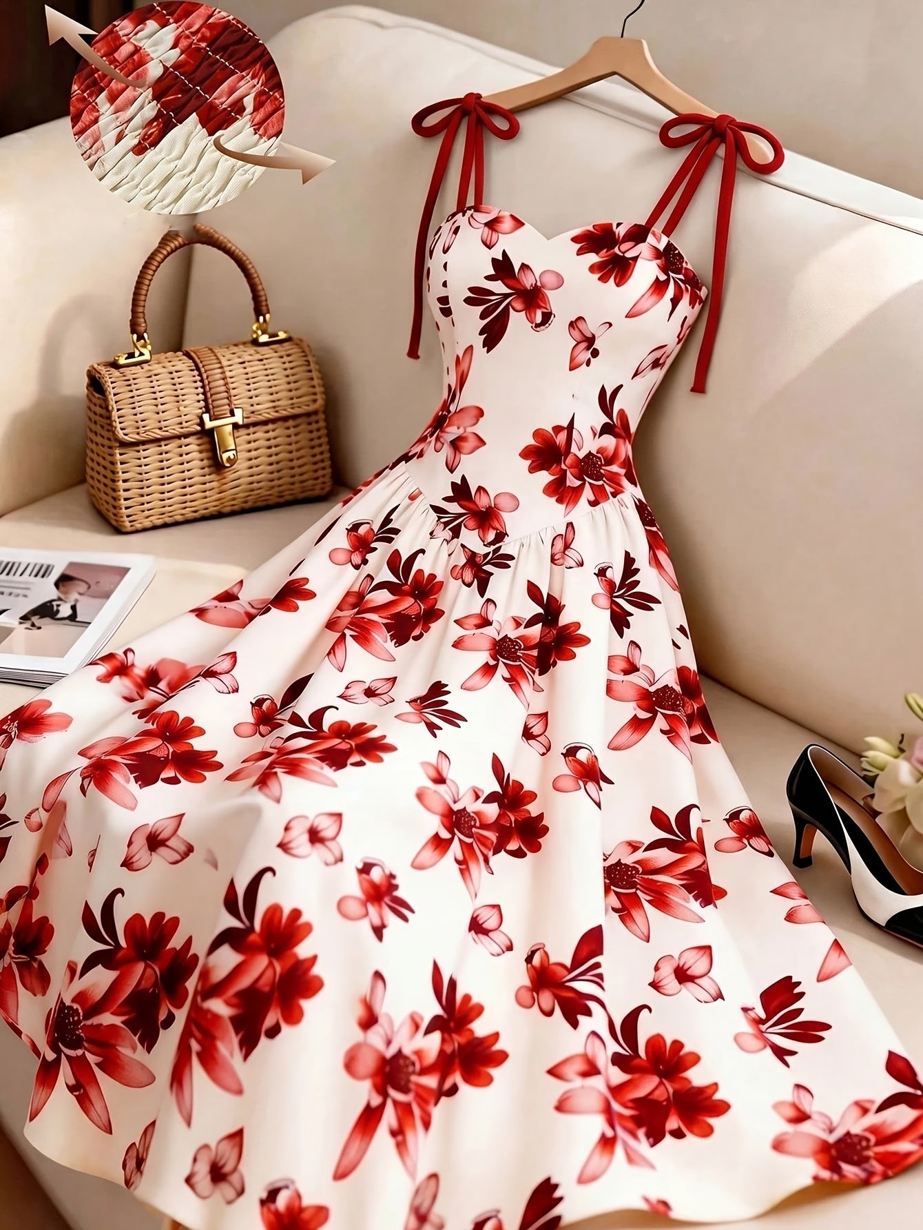 Damen Midikleid mit Blumenmuster und Schleifen-Trägern – Elegantes A-Linienkleid für besondere Anlässe