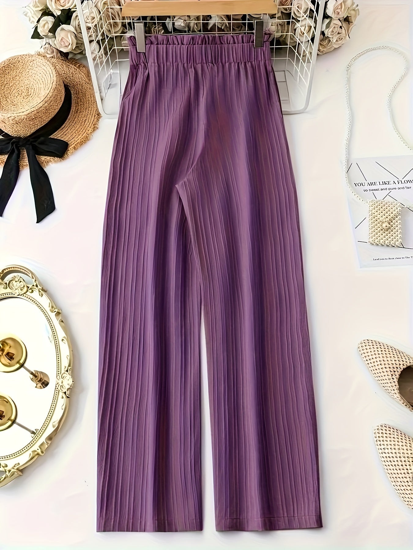 Damen Elegante Plissee-Hose mit Schleife – Weites Bein, Komfortbund, Lässig & Schick für Alltag und Büro