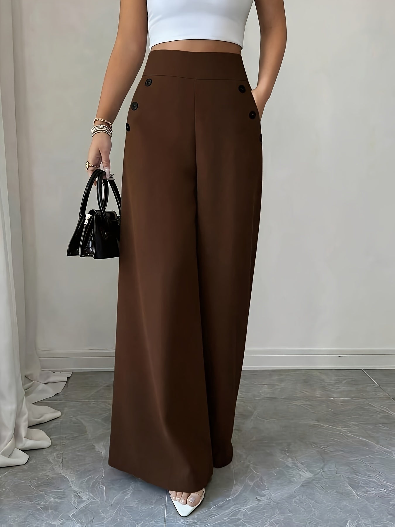 Damen Maritim-Style High-Waist Weitbein-Hose mit Streifen und Knopfdetails