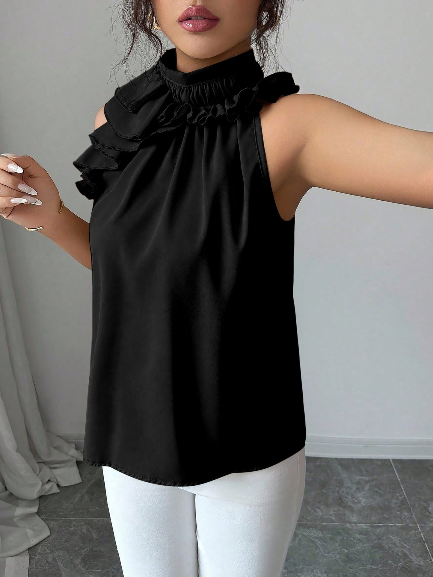 Damen Rüschenbluse mit Stehkragen – Elegante ärmellose Bluse für festliche Anlässe und Büro