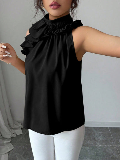 Damen Rüschenbluse mit Stehkragen – Elegante ärmellose Bluse für festliche Anlässe und Büro