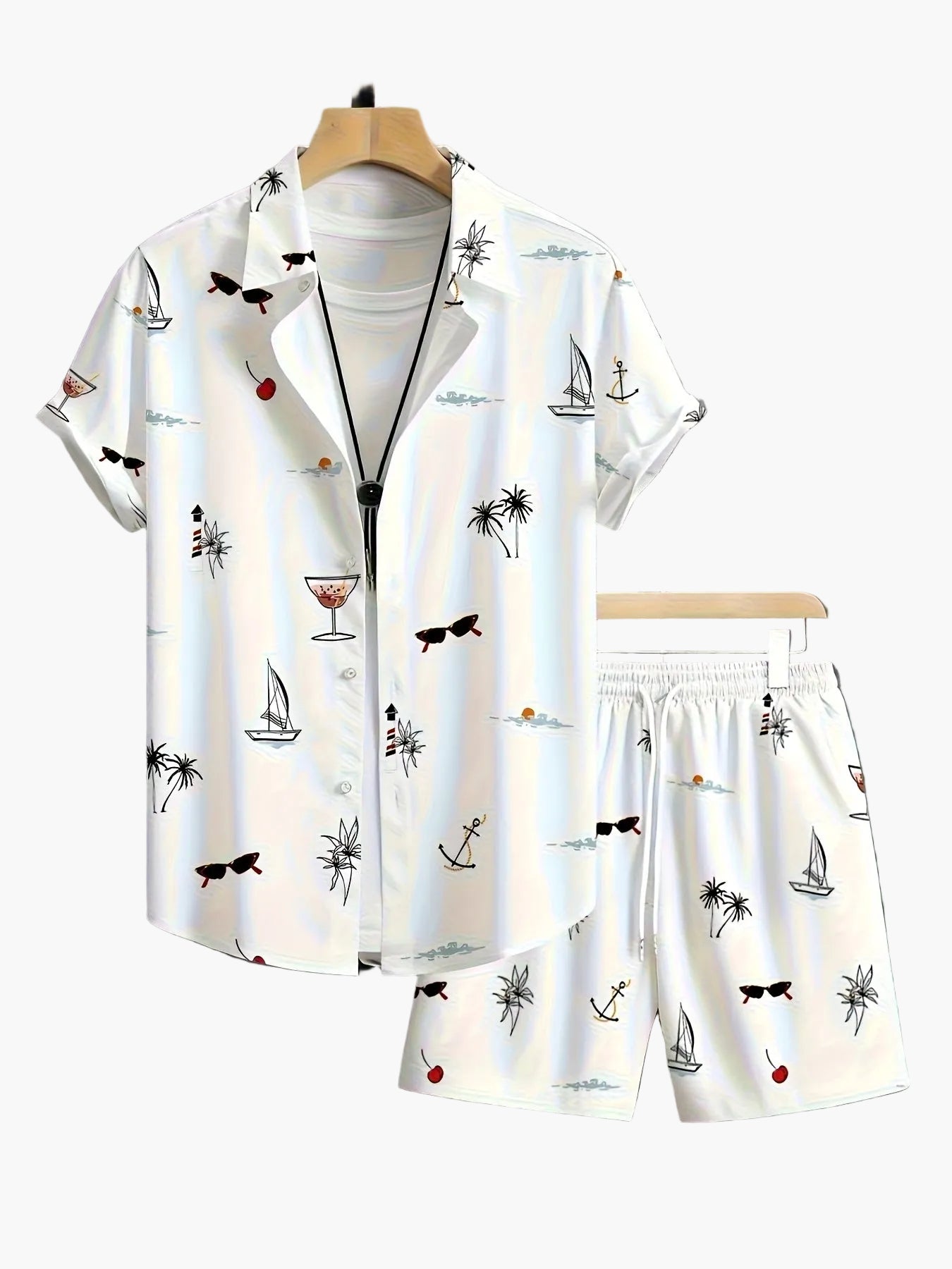 Herren Sommer Freizeit Set – Kurzarm Hemd & Shorts mit maritimen Motiven, ideal für Urlaub und Strand