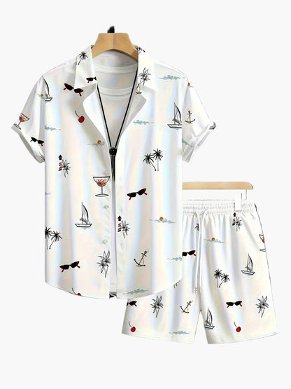 Herren Sommer Freizeit Set – Kurzarm Hemd & Shorts mit maritimen Motiven, ideal für Urlaub und Strand