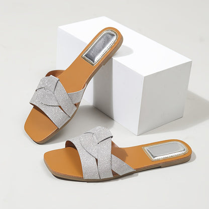 Damen Slip-On Sandalen mit Flecht-Design und schimmerndem Look – Elegante Sommerschuhe für Alltag und Freizeit
