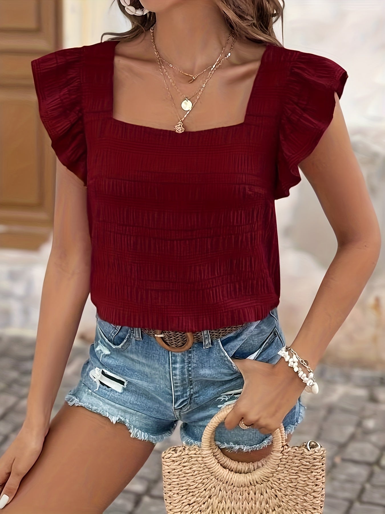 Damen Sommer-Top mit Rüschenärmeln und quadratischem Ausschnitt – Modisches Freizeitshirt für den Alltag
