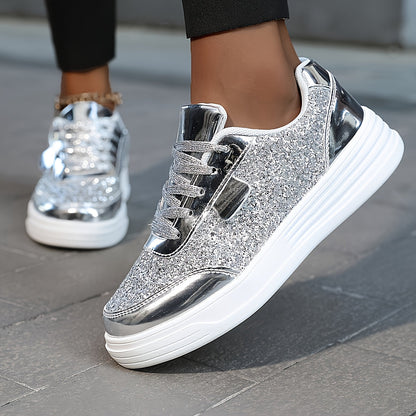 Damen Glitzer Sneaker – Modische Freizeitschuhe mit Plateau und Glamour-Look