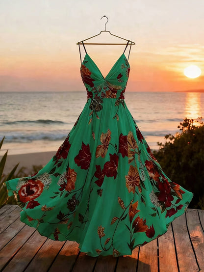 Damen Maxi Kleid mit Blumenmuster und schwingendem Rock – Eleganter Boho Stil für besondere Anlässe