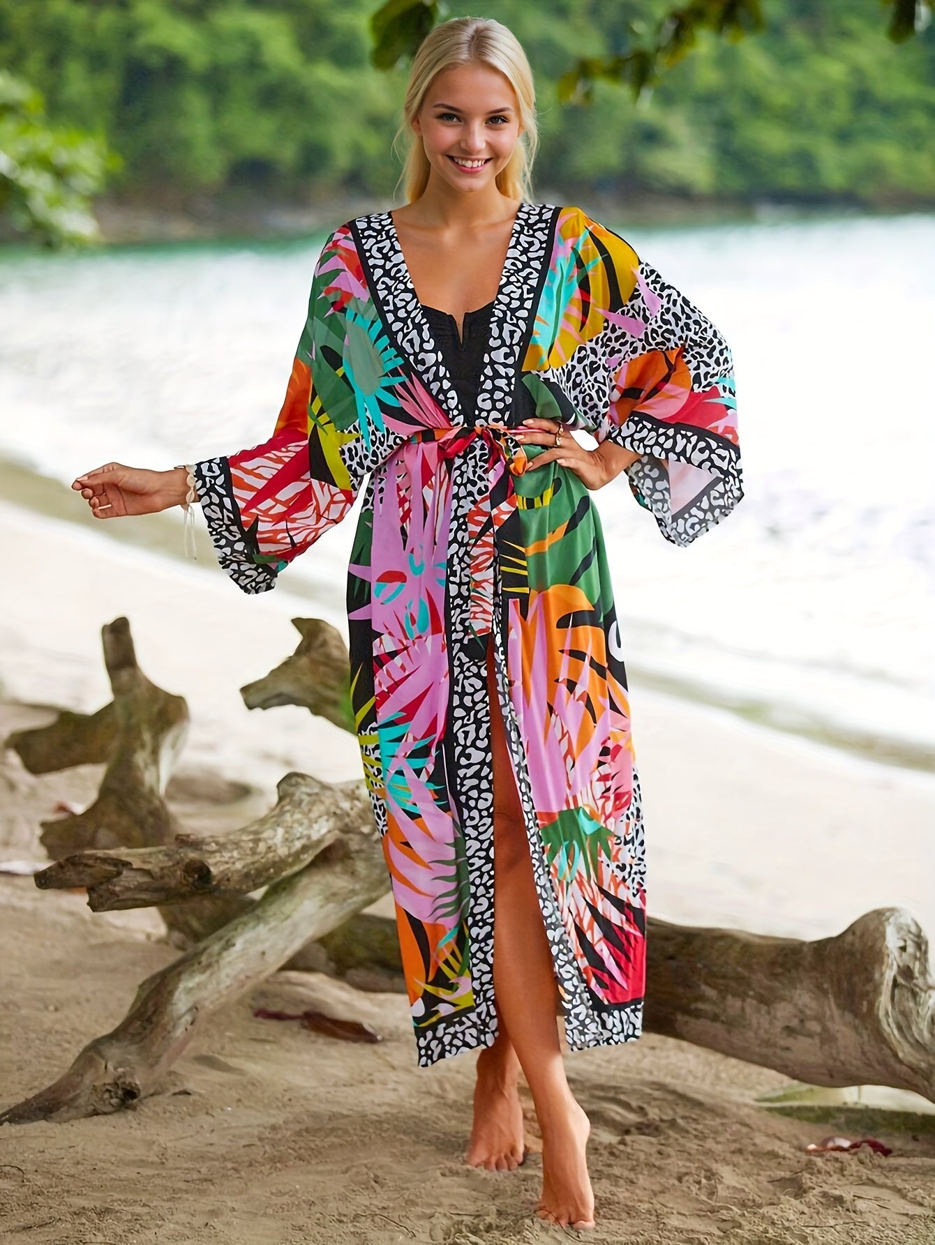 Damen Strand Kimono Lang mit Tropischem Muster und Animal Print – Modischer Überwurf für Urlaub und Pool
