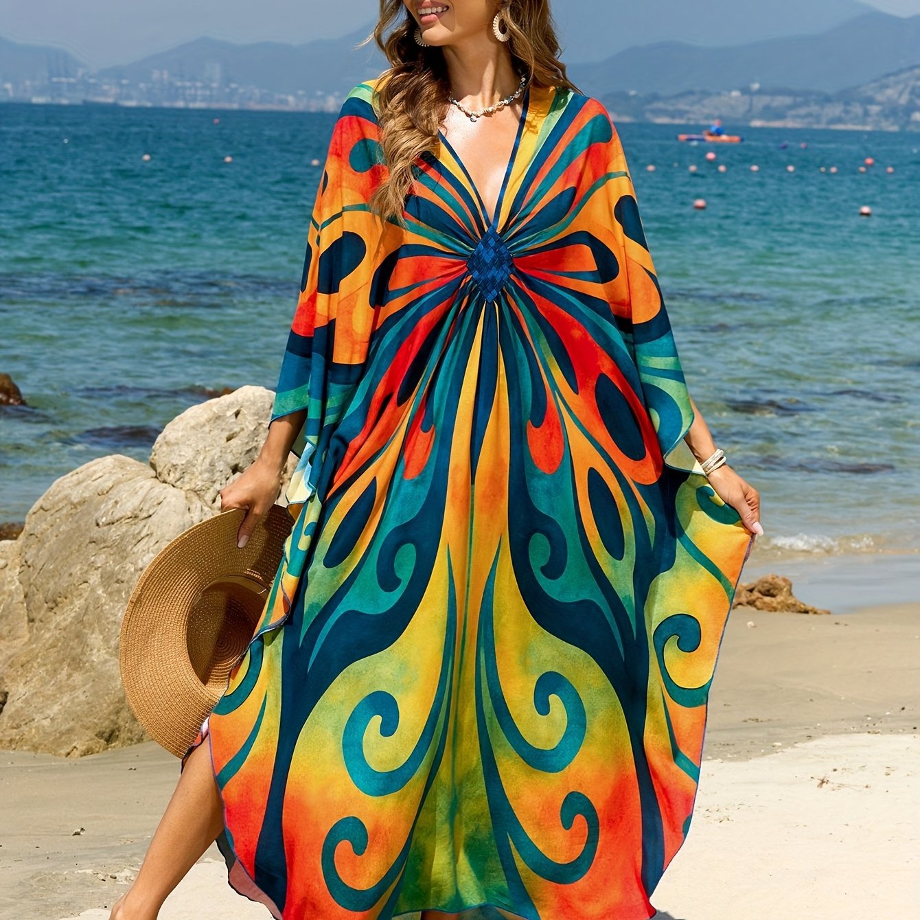 Damen Kaftan Maxi Strandkleid mit Schmetterlings-Print – Boho Urlaubs-Outfit