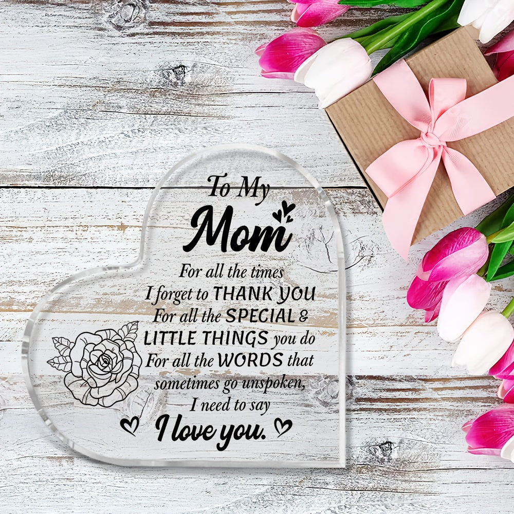 Herzförmige Acryl-Tischdekoration mit Gravur für Muttertag – Frauen, Geschenk für Mama, Vintage Stil, Deko mit Liebesbotschaft