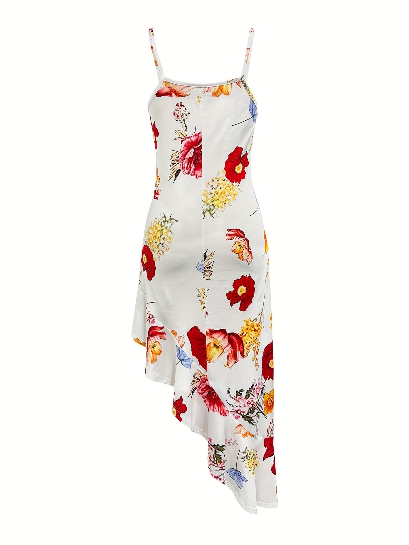 Damen Asymmetrisches Midi-Kleid mit Blumenmuster und Rüschen – Eleganter Look für Feste & Feiern