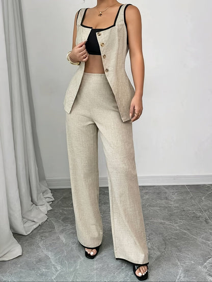 Damen Eleganter Business Zweiteiler Anzug mit Knopfleiste – Blusentop und Weite Hose für Büro & Alltag