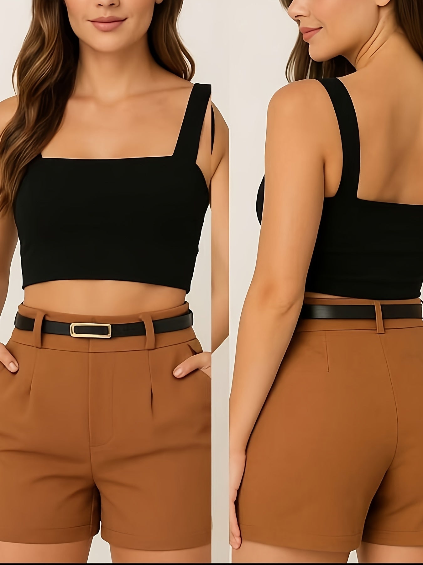 Damen Elegantes Crop Top und Shorts Set mit Gürtel – Stilvolles Sommer Outfit für Freizeit und Alltag
