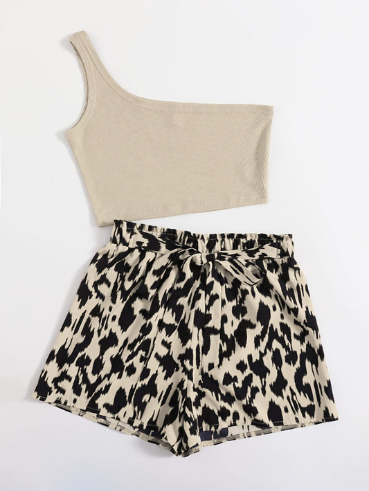 Damen Sommer Set mit Ein-Schulter-Top und Animalprint Shorts – Modisches Freizeit Outfit