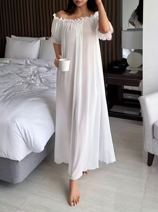 Damen Elegantes Off-Shoulder Nachthemd mit Rüschen – Luftiges Maxikleid für gemütliche Nächte