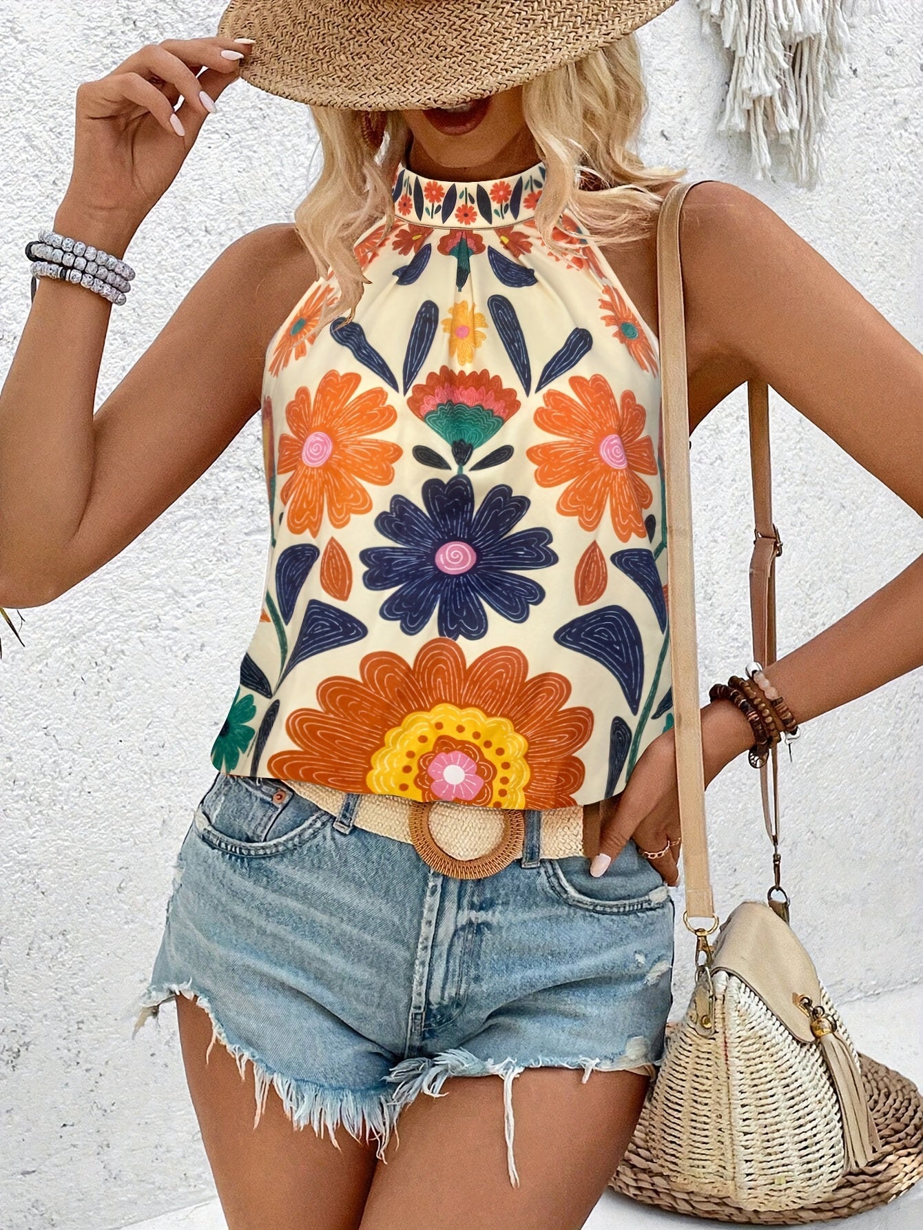 Damen Elegantes Sommer-Top mit Blumenmuster und Stehkragen – Lässig für Urlaub & Alltag