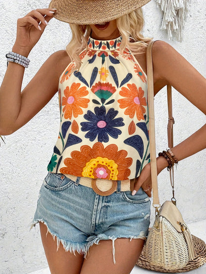 Damen Elegantes Sommer-Top mit Blumenmuster und Stehkragen – Lässig für Urlaub & Alltag