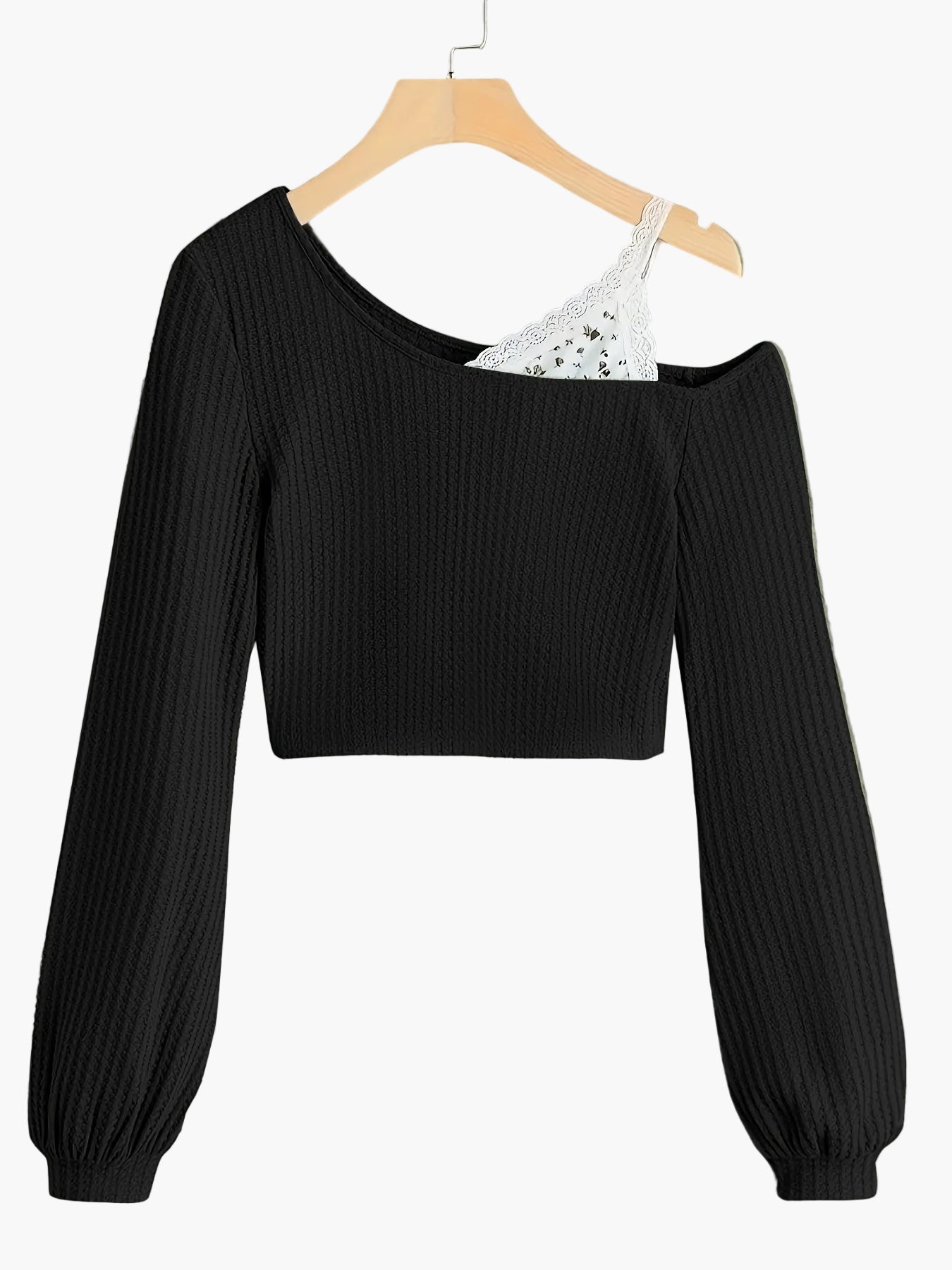 Damen Pullover im Asymmetrischen Schnitt mit Spitze und Einem Schulterfreien Design – Modischer Strickpulli für Alltag und Freizeit