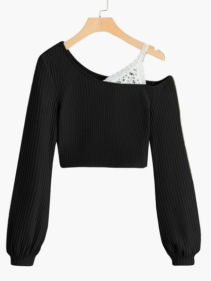 Damen Pullover im Asymmetrischen Schnitt mit Spitze und Einem Schulterfreien Design – Modischer Strickpulli für Alltag und Freizeit