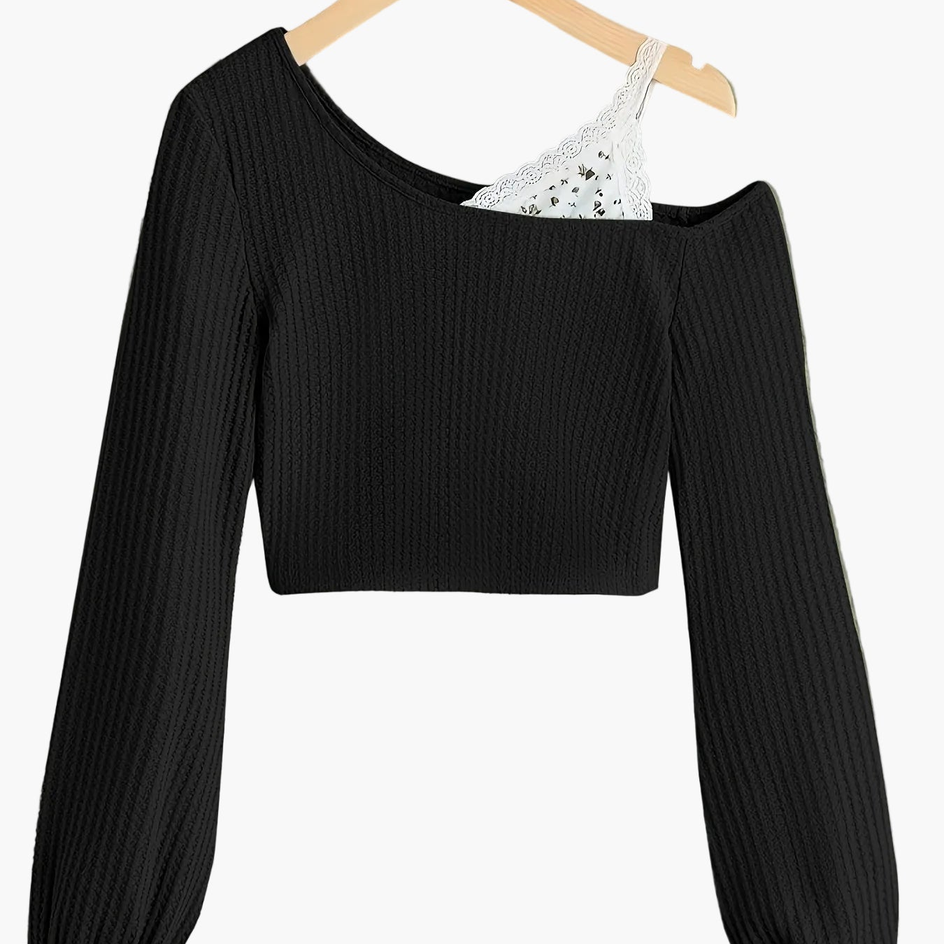 Damen Pullover im Asymmetrischen Schnitt mit Spitze und Einem Schulterfreien Design – Modischer Strickpulli für Alltag und Freizeit