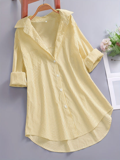 Damen Oversize Hemd mit Streifen – Lockeres Business & Freizeit Langarm-Bluse