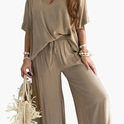 Damen Eleganter Einteiler Jumpsuit mit Weitem Bein und V-Ausschnitt – Modisch für Alltag und Freizeit