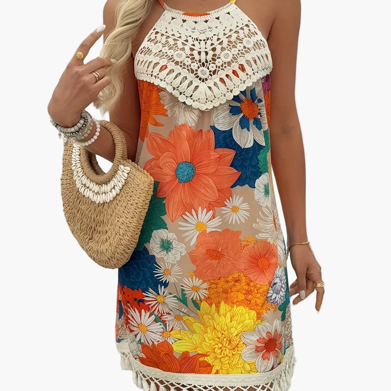 Damen Sommer Tunika Strandkleid mit Häkelspitze und Paisley-Muster – Boho Chic Freizeitkleid