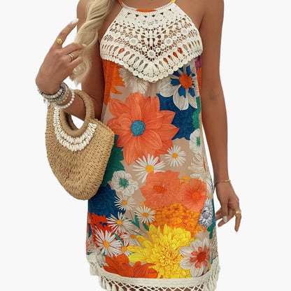 Damen Sommer Tunika Strandkleid mit Häkelspitze und Paisley-Muster – Boho Chic Freizeitkleid