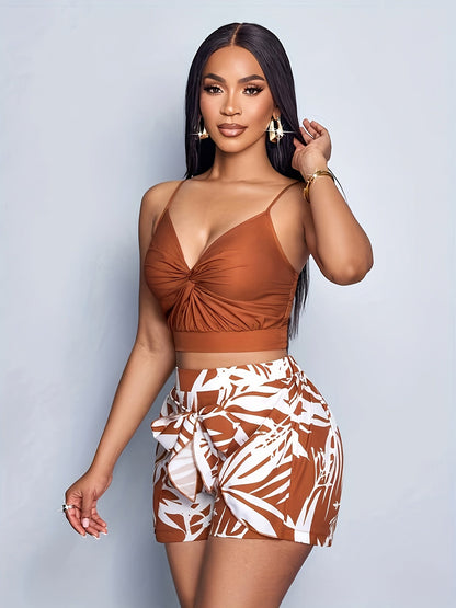 Damen Sommer Set – Modisches Crop Top und Shorts mit tropischem Print, ideal für Urlaub und Freizeit