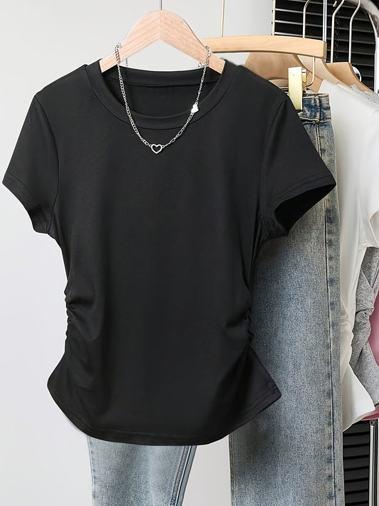 Damen Basic T-Shirt mit Raffung und Rundhalsausschnitt – Casual Style für Alltag und Freizeit