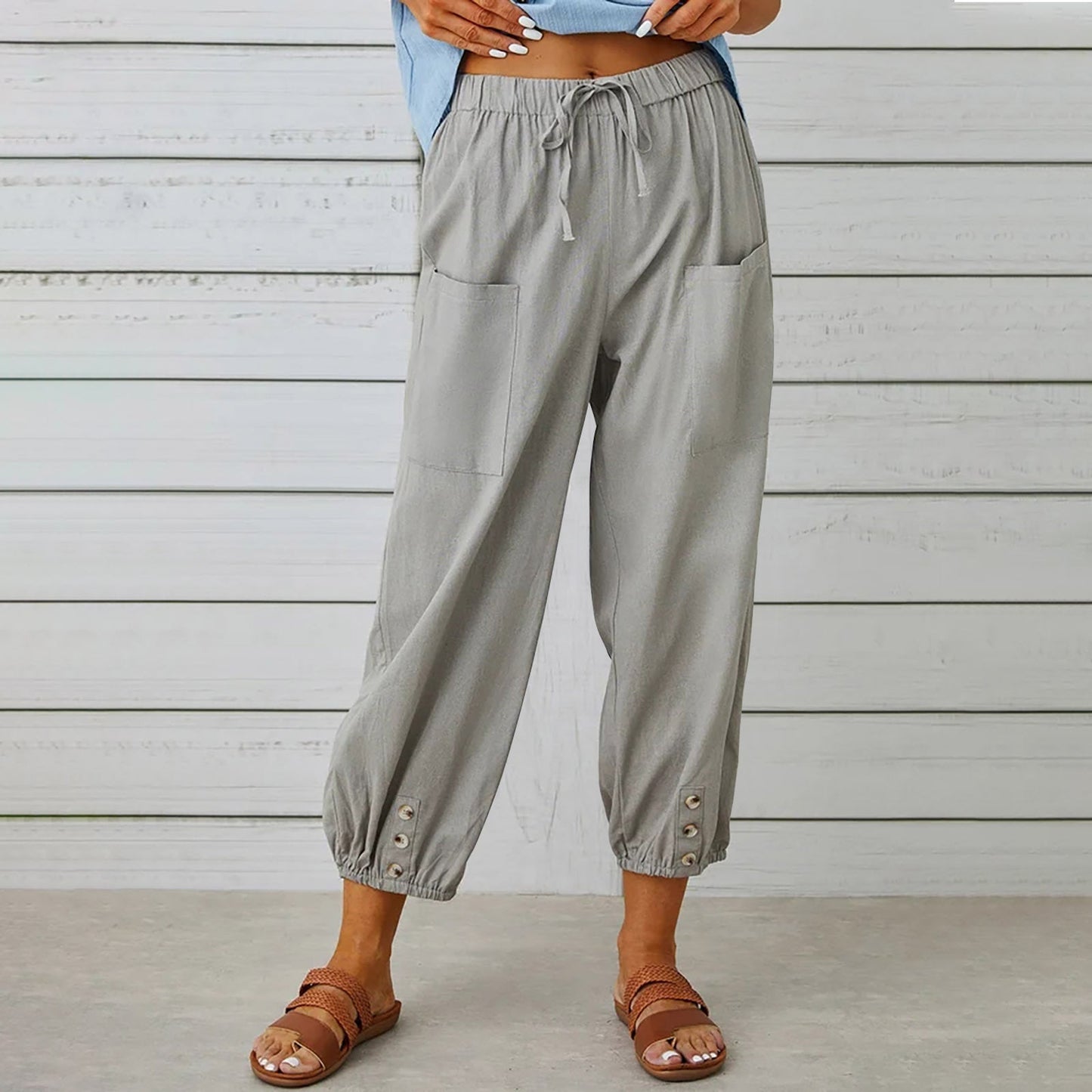 Michelle – Damen Baumwollmischung – Veganes Leinenhose mit Kordelzug und Taschen