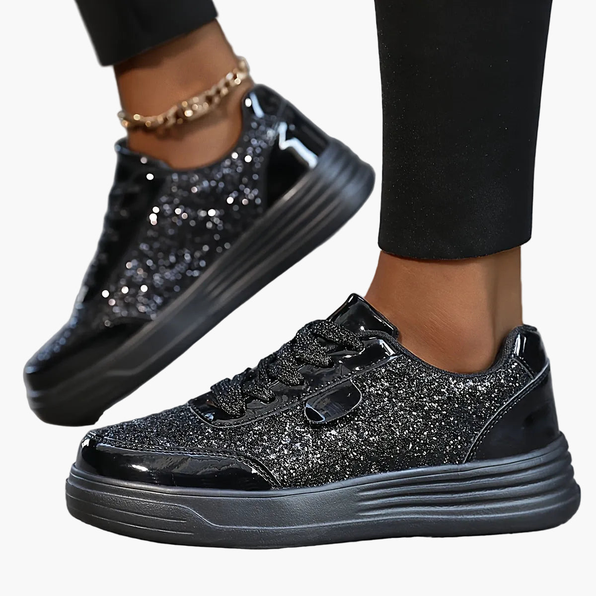 Damen Glitzer Sneaker – Modische Freizeitschuhe mit Plateau und Glamour-Look