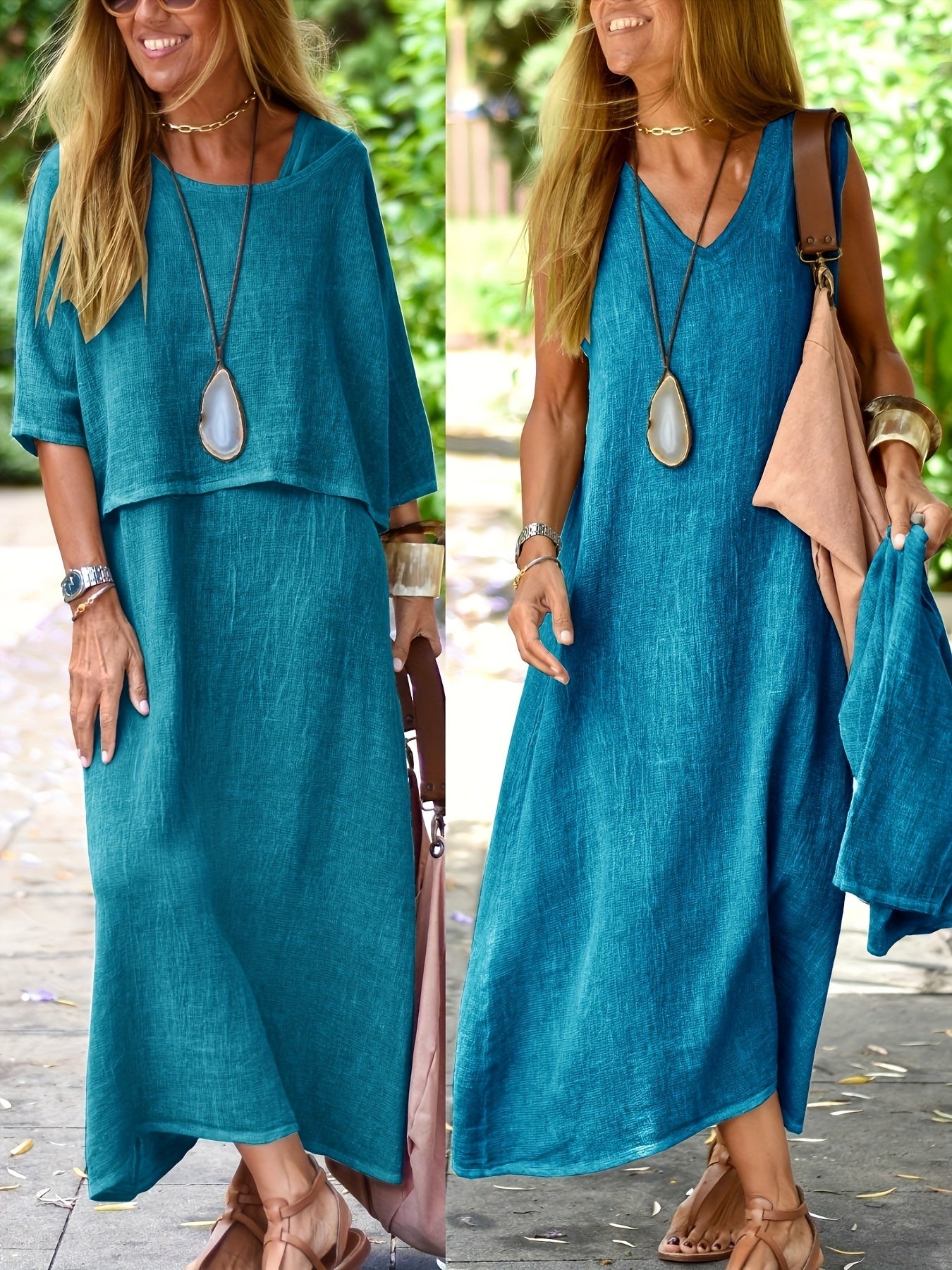 Damen Boho Maxikleid mit Oversize-Look und Halbarm – Lässiges Sommerkleid für Freizeit und Urlaub