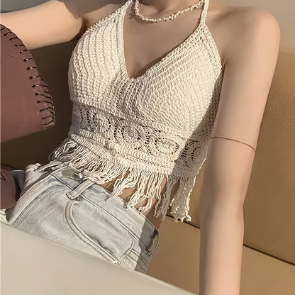 Damen Häkel-Halftertop im Boho-Stil für Sommer und Festivals