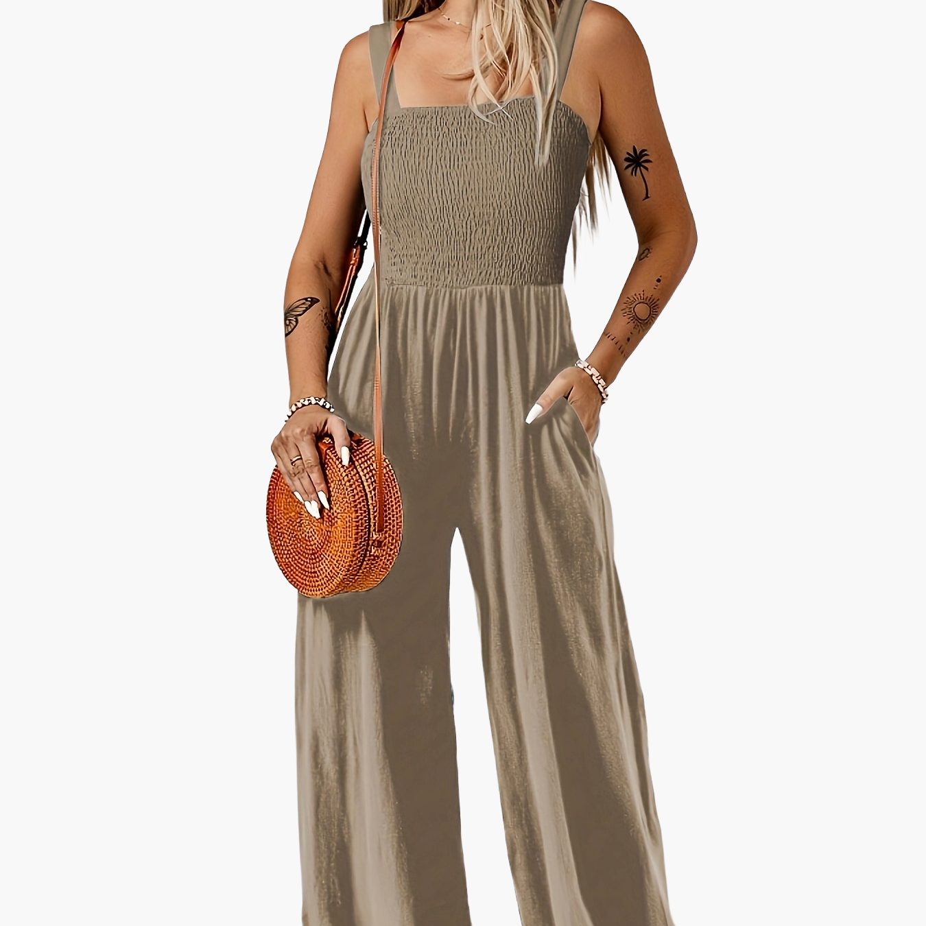 Damen Jumpsuit Elegant mit weitem Bein und Smok-Top, Sommer Overall für Freizeit & Urlaub