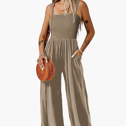 Damen Jumpsuit Elegant mit weitem Bein und Smok-Top, Sommer Overall für Freizeit & Urlaub