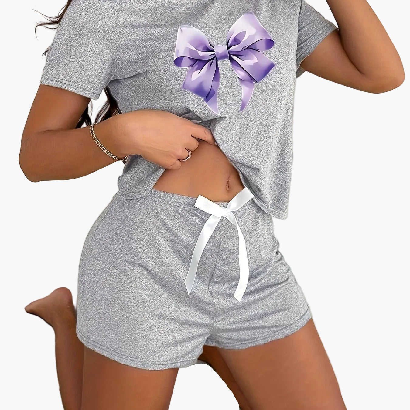 Damen Pyjama-Set mit Schleifen-Print – Kurzarm Shirt und Shorts, Stilvoll & Bequem für Zuhause
