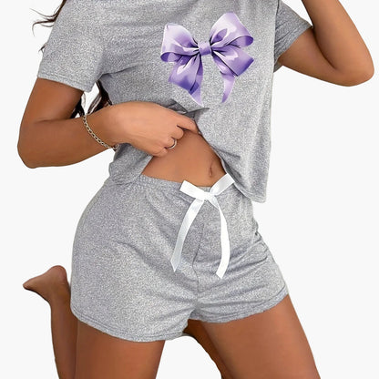 Damen Pyjama-Set mit Schleifen-Print – Kurzarm Shirt und Shorts, Stilvoll & Bequem für Zuhause